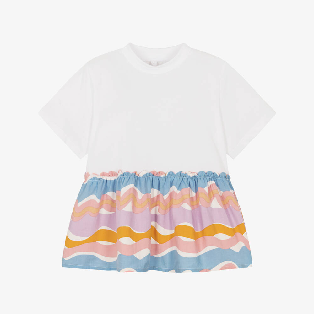 Stella McCartney Kids-Girls White Cotton T-Shirt with Printed Peplum Hem | Childrensalon