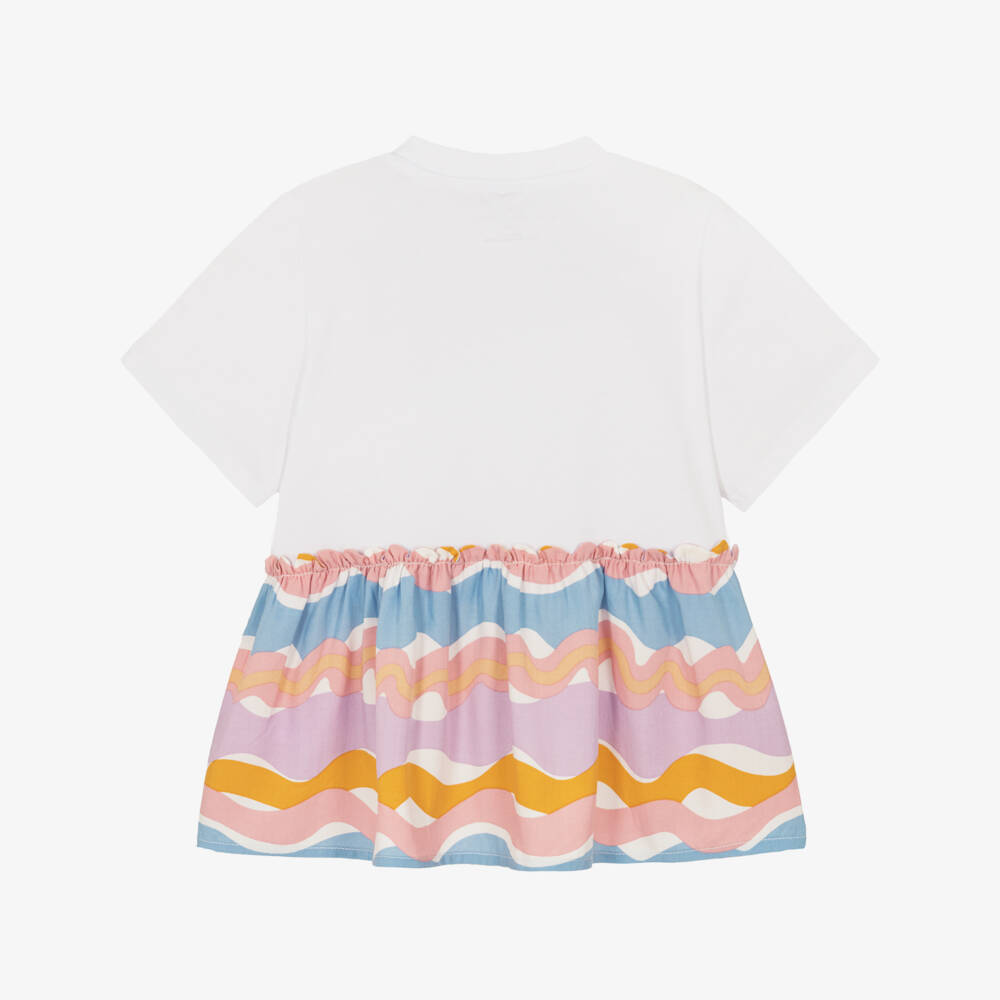Stella McCartney Kids-Girls White Cotton T-Shirt with Printed Peplum Hem | Childrensalon