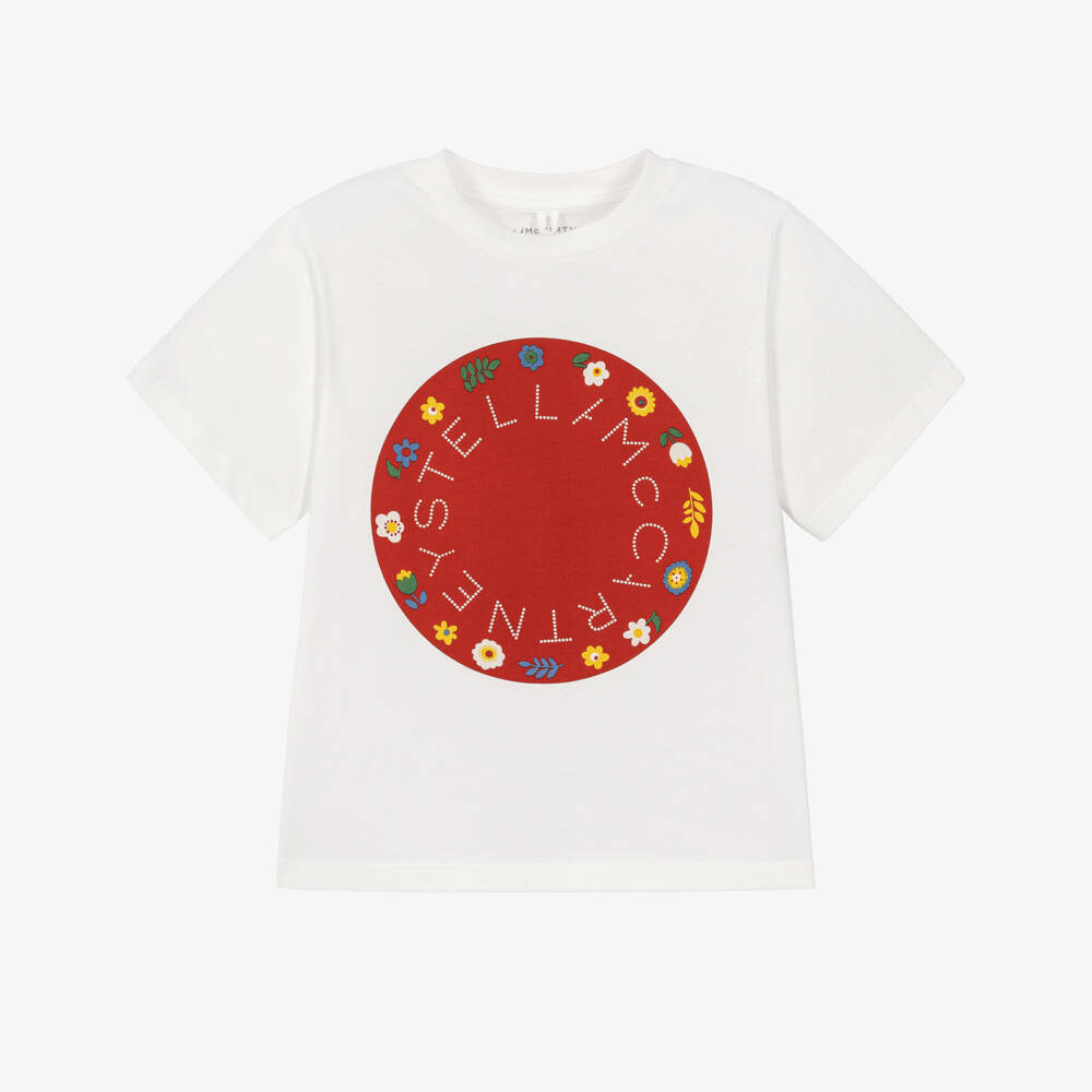 Stella McCartney Kids-Girls White Cotton T-Shirt with Red Circular Logo Print | Childrensalon
