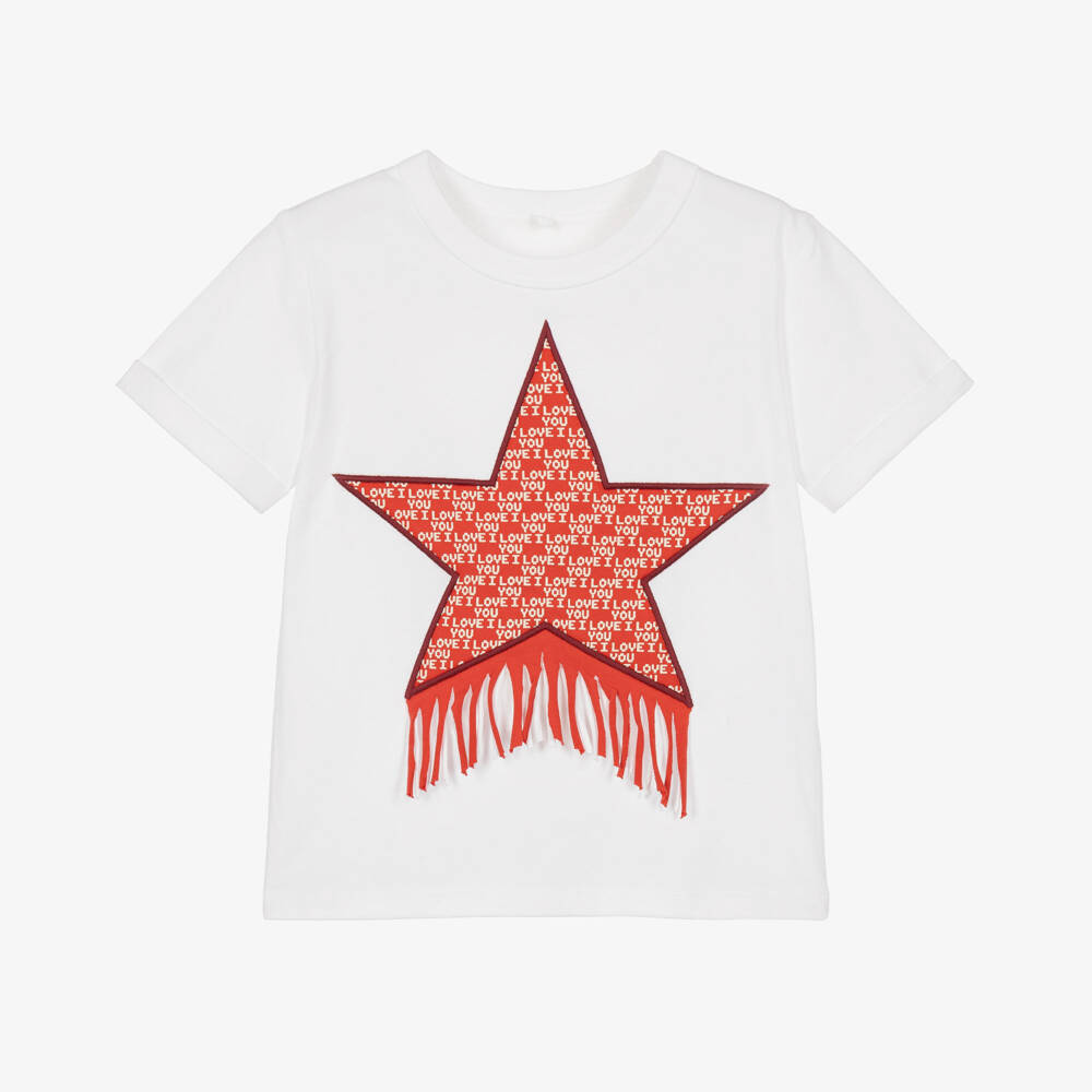 Stella McCartney Kids-Girls White Cotton T-Shirt with Star Appliqué | Childrensalon