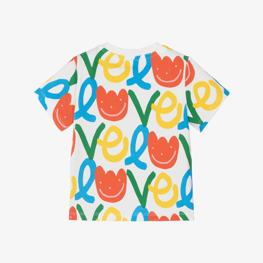 Stella McCartney Kids-Girls White Cotton T-Shirt with Tulip Love Print | Childrensalon