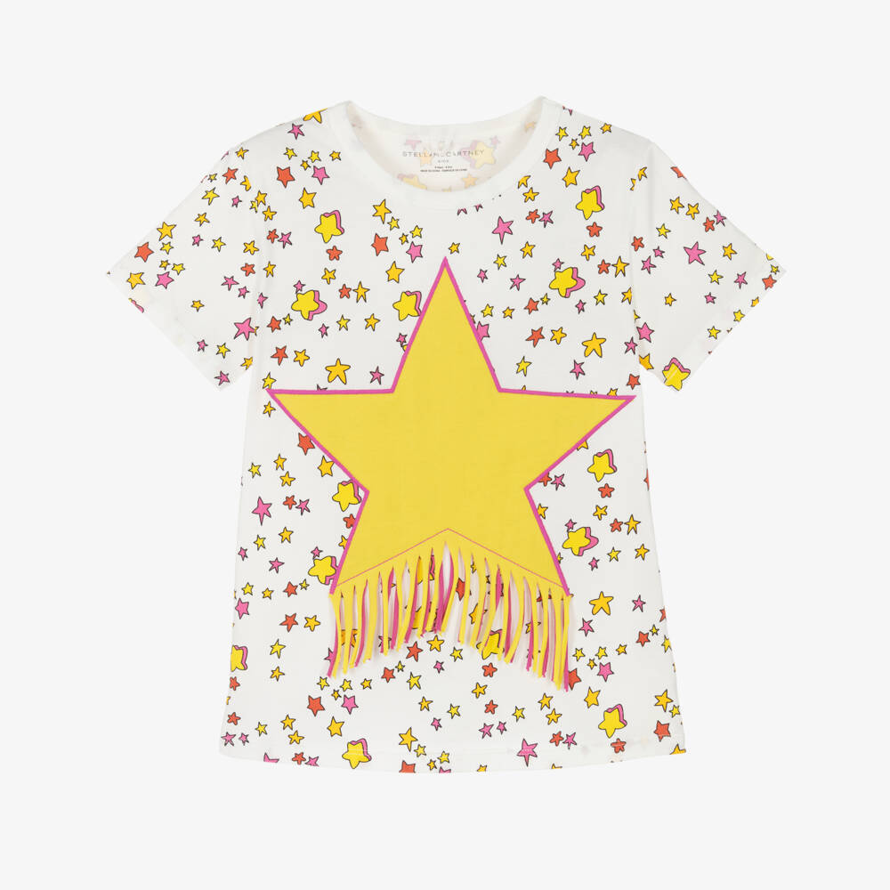 Stella McCartney Kids-Girls White Cotton T-Shirt with Yellow Star | Childrensalon