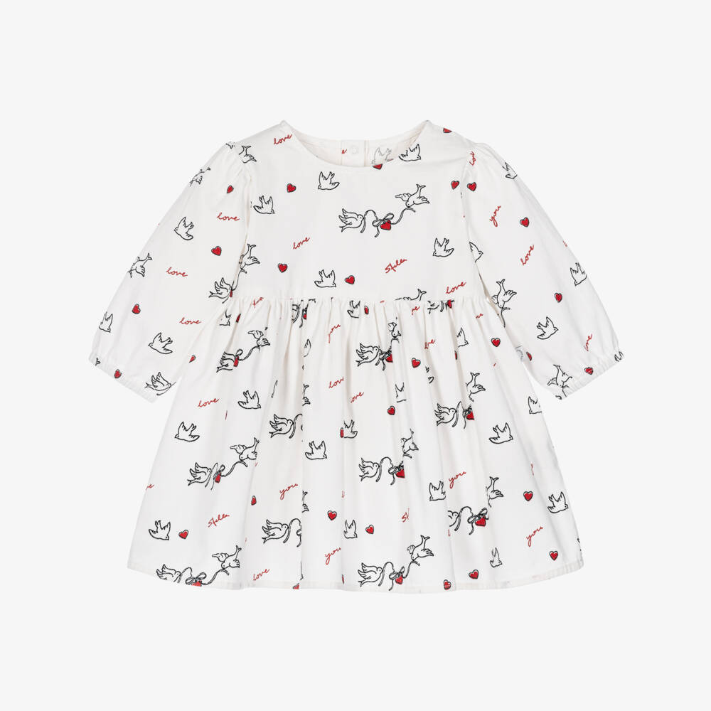 Stella McCartney Kids-Girls White Cotton Twill Dove Print Dress | Childrensalon