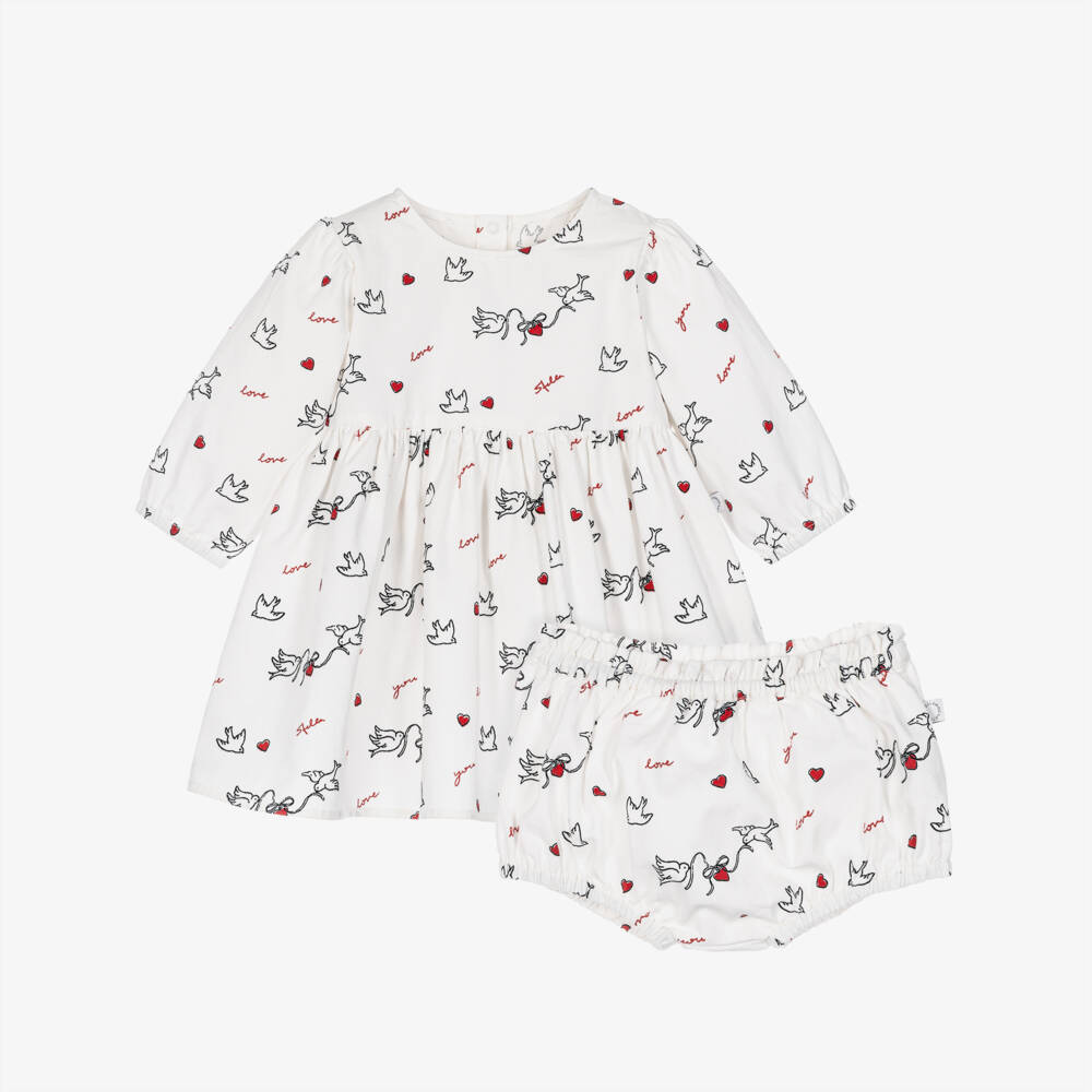 Stella McCartney Kids-Girls White Cotton Twill Dove Print Dress | Childrensalon