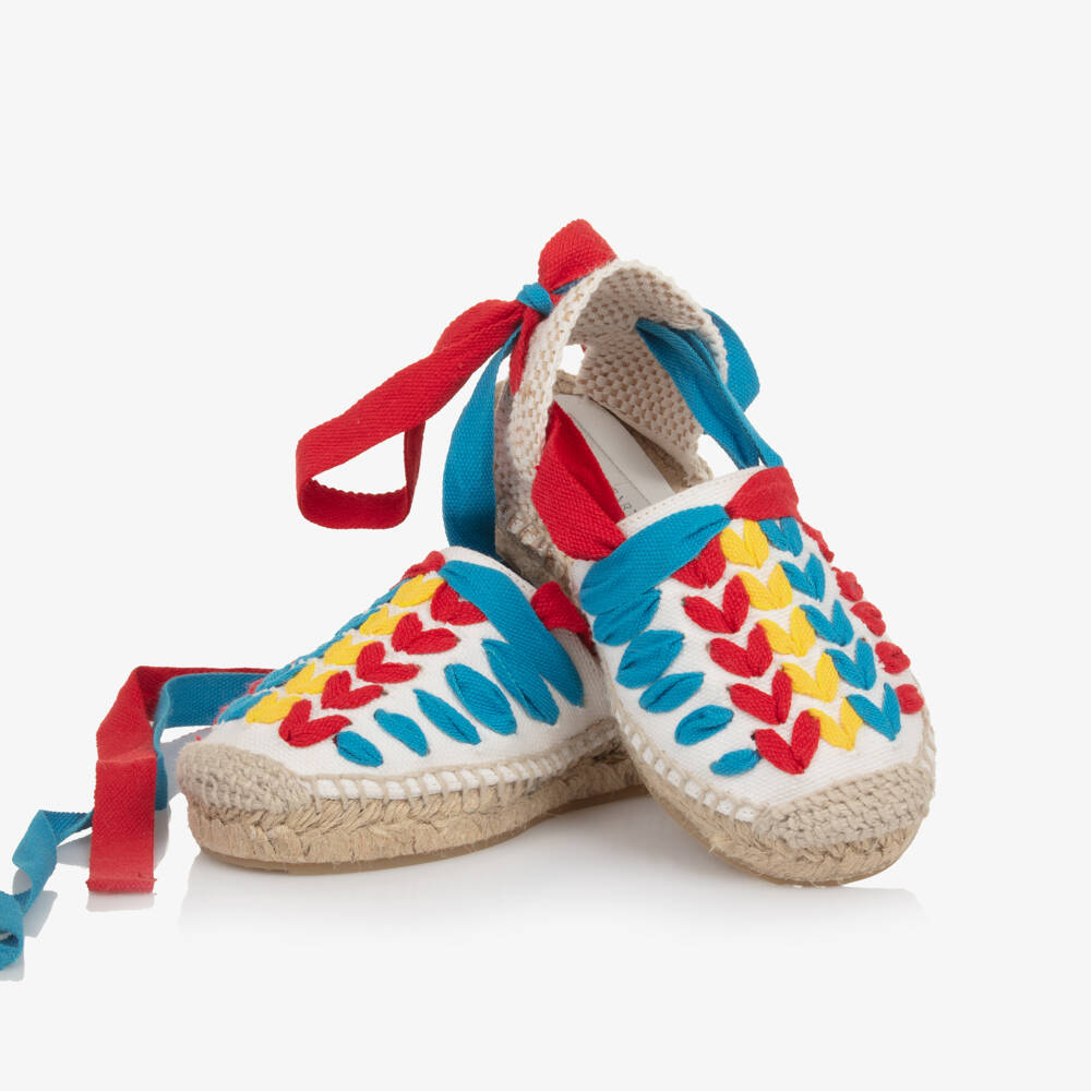 Stella McCartney Kids-Girls White Espadrilles with Coloured Ties & Trim | Childrensalon