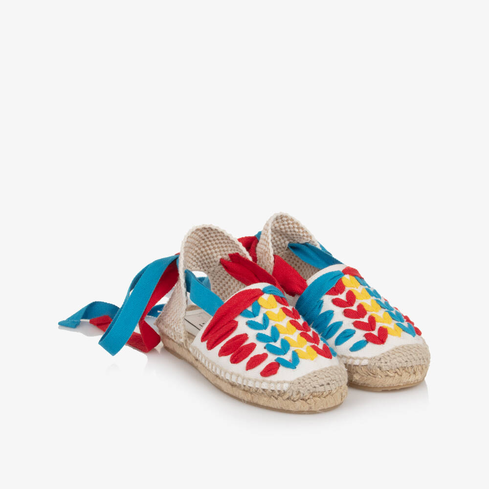 Stella McCartney Kids-Girls White Espadrilles with Coloured Ties & Trim | Childrensalon