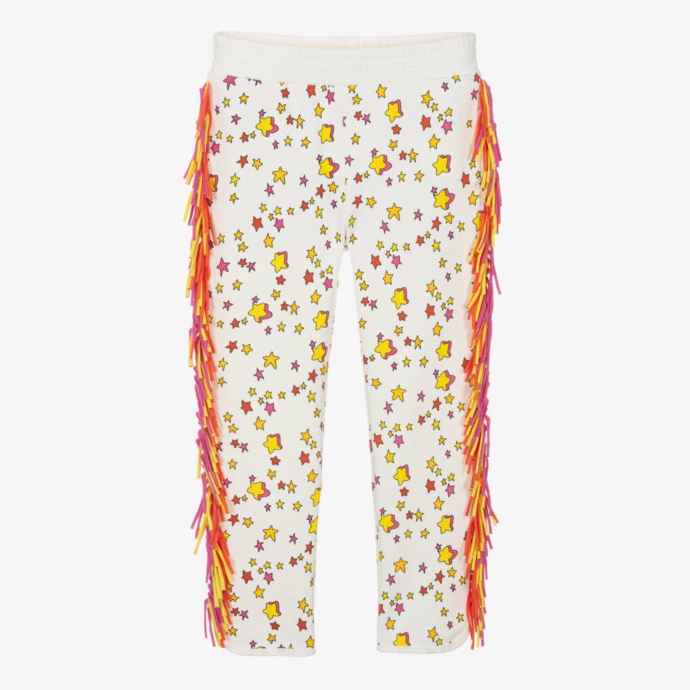 Stella McCartney Kids-Girls White Fringed Cotton Joggers with Star Print | Childrensalon