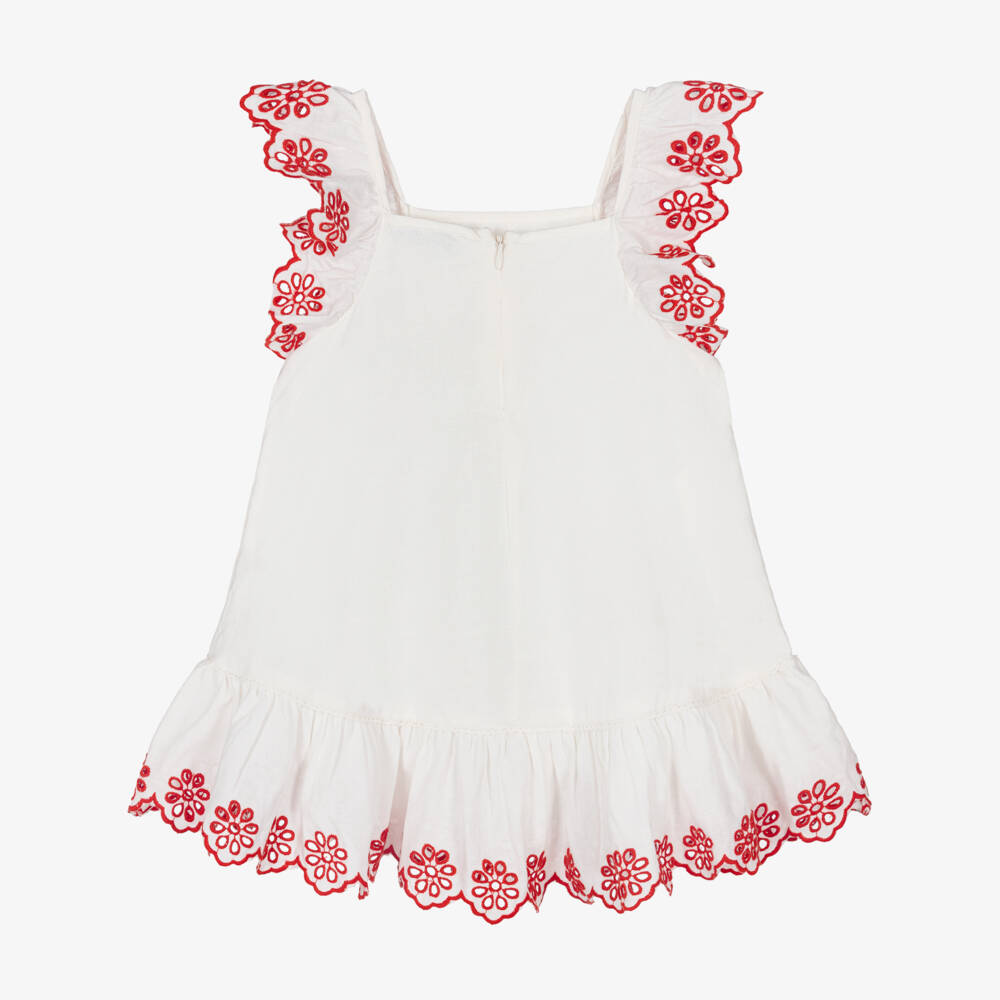 Stella McCartney Kids-Girls White Linen & Cotton Dress with Red Floral Embroidery | Childrensalon
