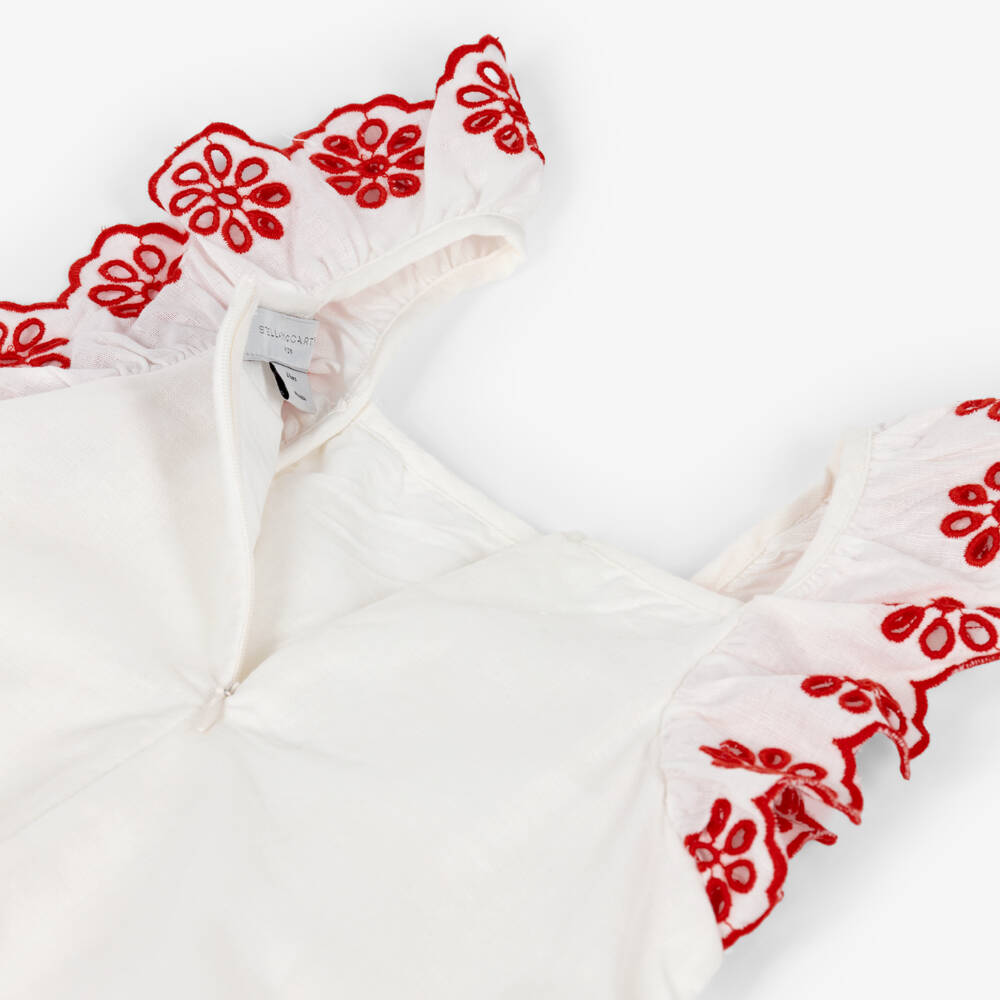 Stella McCartney Kids-Girls White Linen & Cotton Dress with Red Floral Embroidery | Childrensalon