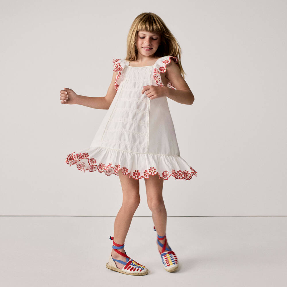 Stella McCartney Kids-Girls White Linen & Cotton Dress with Red Floral Embroidery | Childrensalon
