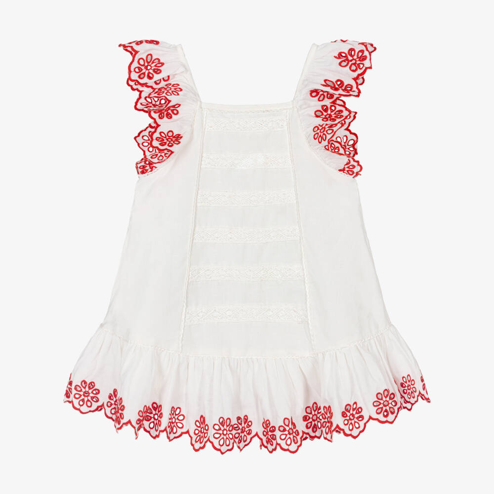 Stella McCartney Kids-Girls White Linen & Cotton Dress with Red Floral Embroidery | Childrensalon