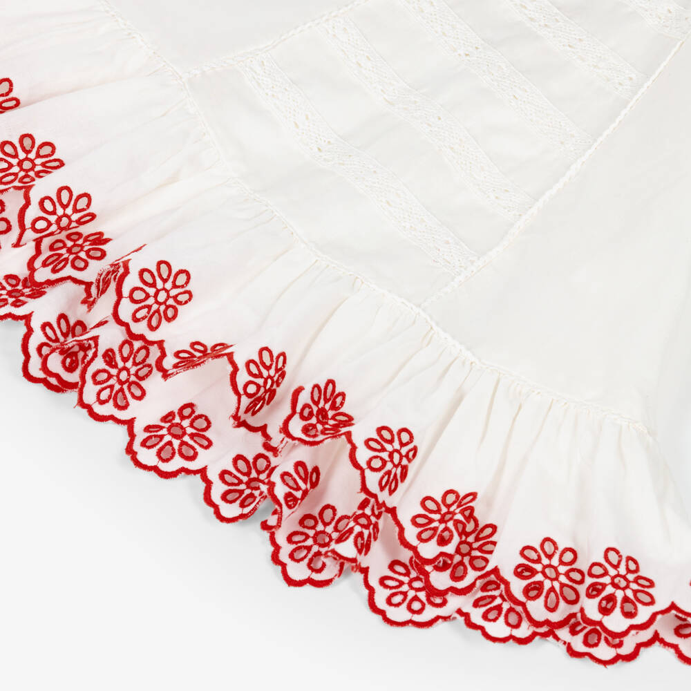 Stella McCartney Kids-Girls White Linen & Cotton Dress with Red Floral Embroidery | Childrensalon