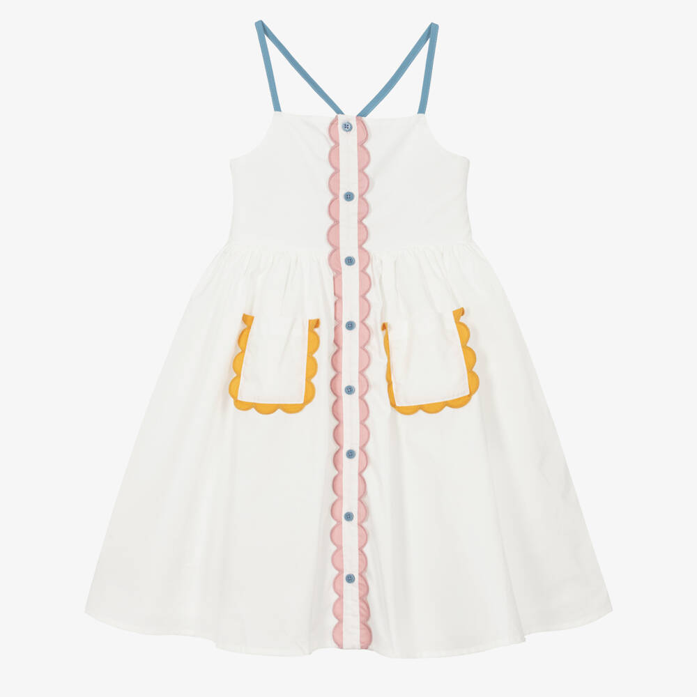 Stella McCartney Kids-Girls White Sleeveless Dress with Scalloped Trims | Childrensalon