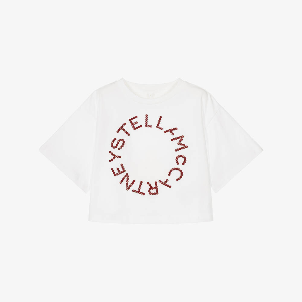 Stella McCartney Kids-Girls White T-Shirt with Burgundy Logo | Childrensalon