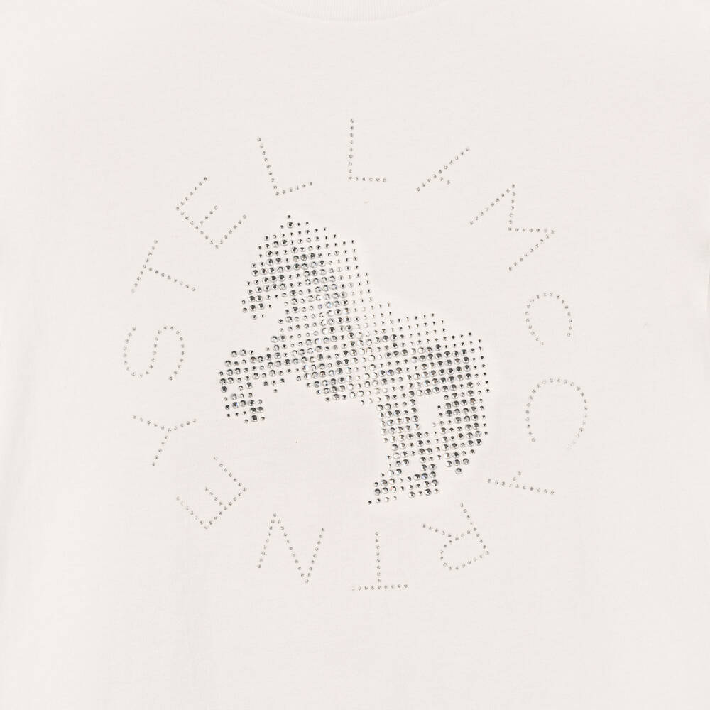 Stella McCartney Kids-Girls White T-Shirt with Silver Horse Logo | Childrensalon