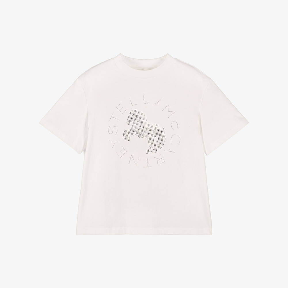 Stella McCartney Kids-Girls White T-Shirt with Silver Horse Logo  | Childrensalon