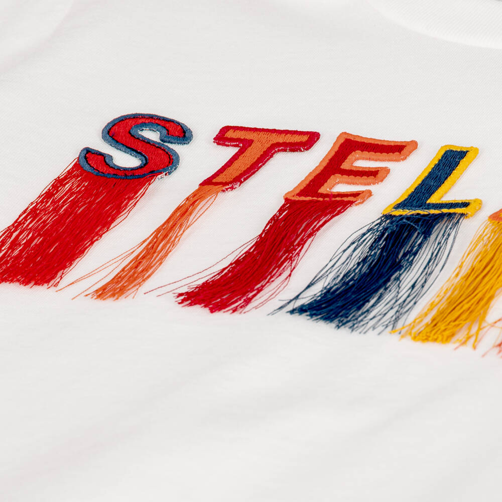 Stella McCartney Kids-Girls White T-Shirt with Tassel Logo | Childrensalon