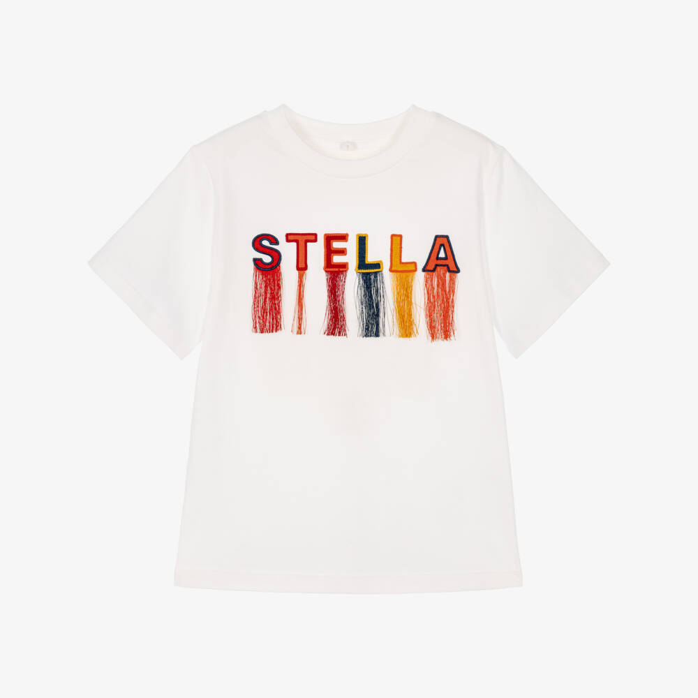 Stella McCartney Kids-Girls White T-Shirt with Tassel Logo | Childrensalon