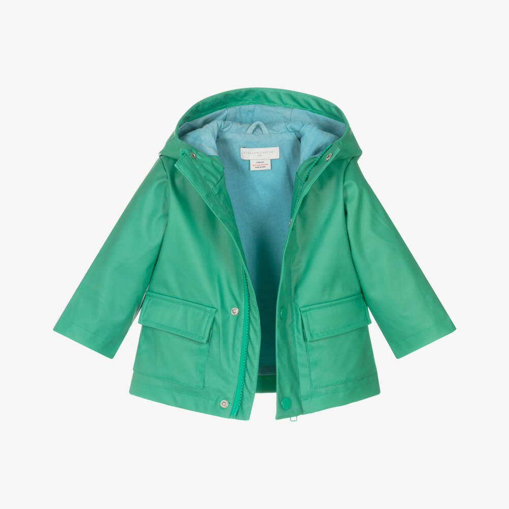 Stella McCartney Kids-Green Hooded Frog Baby Raincoat | Childrensalon