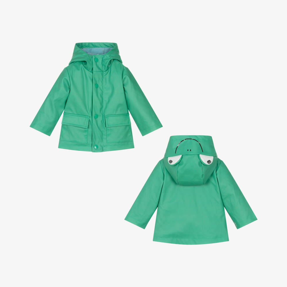 Stella McCartney Kids-Green Hooded Frog Baby Raincoat | Childrensalon