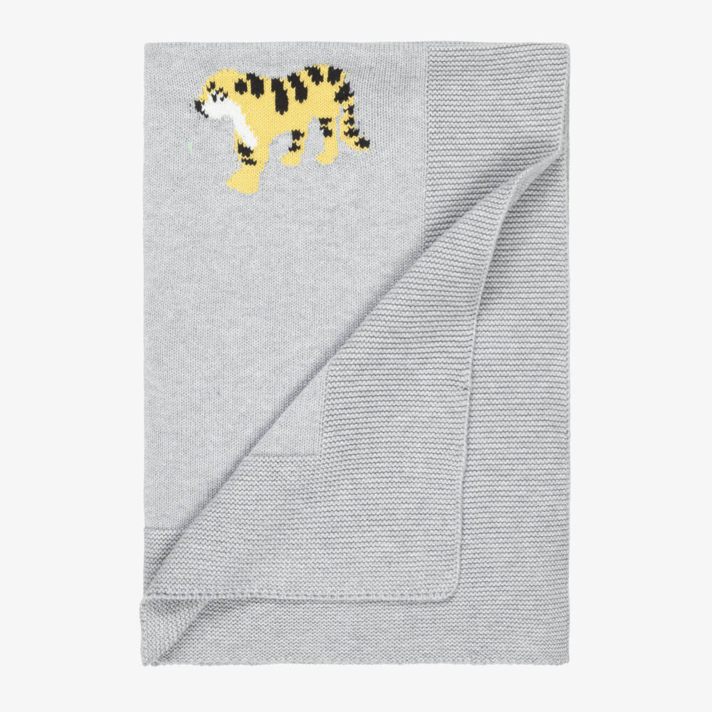 Stella McCartney Kids-Grey Cotton Knit Blanket with Tiger Motifs (72cm) | Childrensalon