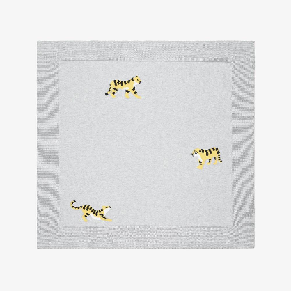 Stella McCartney Kids-Grey Cotton Knit Blanket with Tiger Motifs (72cm) | Childrensalon