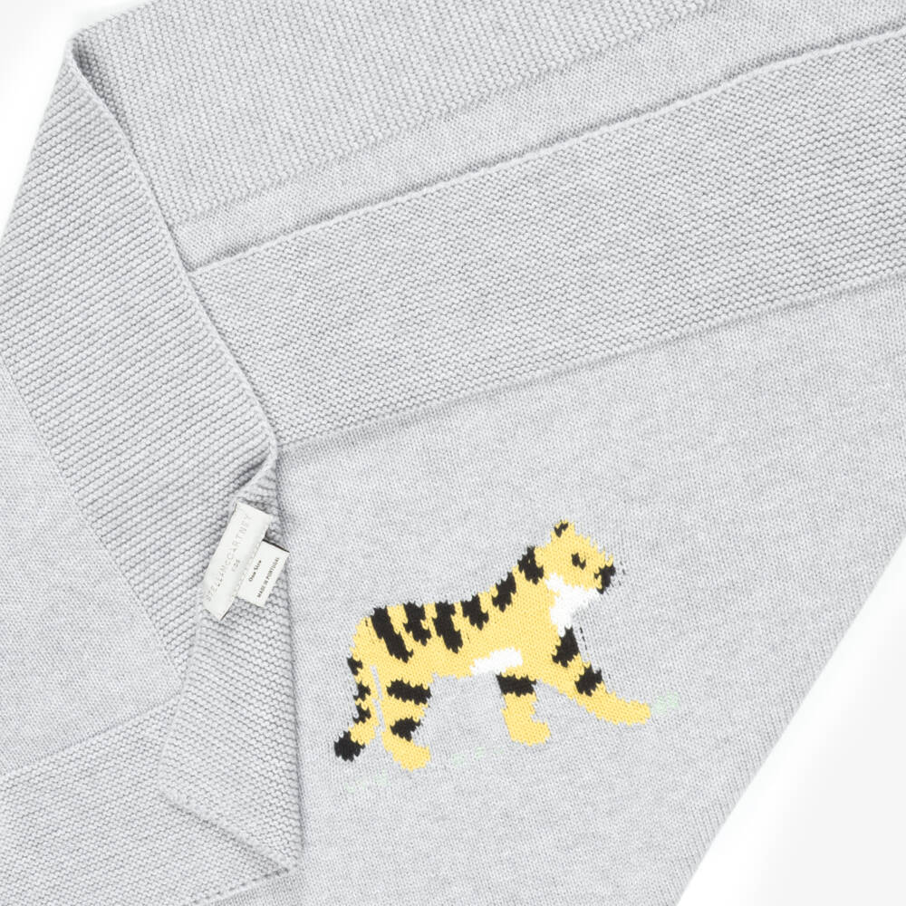 Stella McCartney Kids-Grey Cotton Knit Blanket with Tiger Motifs (72cm) | Childrensalon