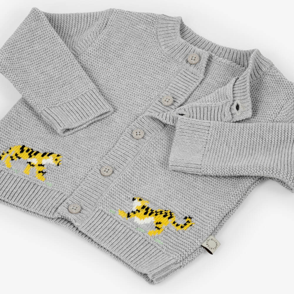 Stella McCartney Kids-Grey Cotton Knit Cardigan with Tiger Motifs | Childrensalon