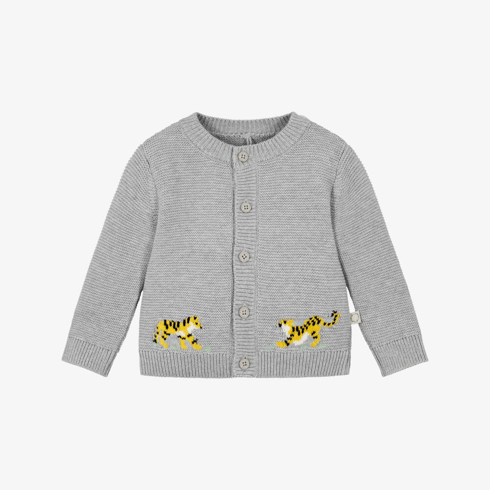 Stella McCartney Kids-Grey Cotton Knit Cardigan with Tiger Motifs | Childrensalon