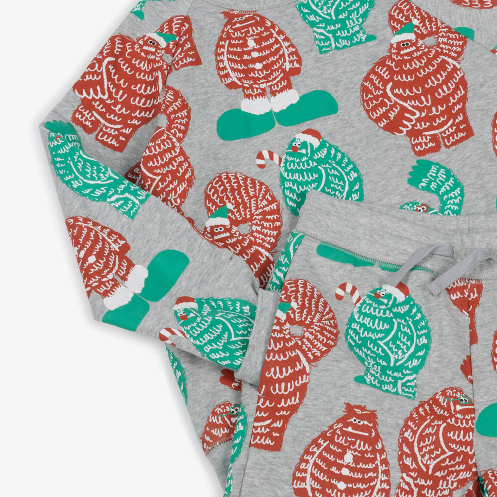 Stella McCartney Kids-Grey Cotton Tracksuit with Christmas Yeti Print | Childrensalon