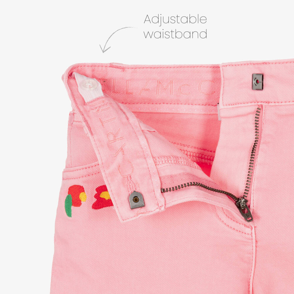 Stella McCartney Kids-Girls Pink Denim Shorts with Flower Embroidery | Childrensalon