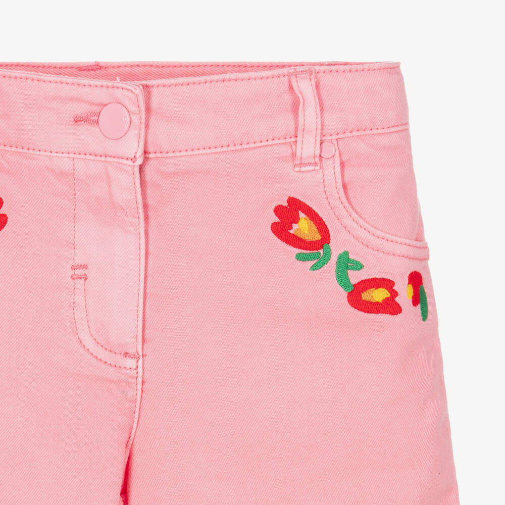 Stella McCartney Kids-Girls Pink Denim Shorts with Flower Embroidery | Childrensalon
