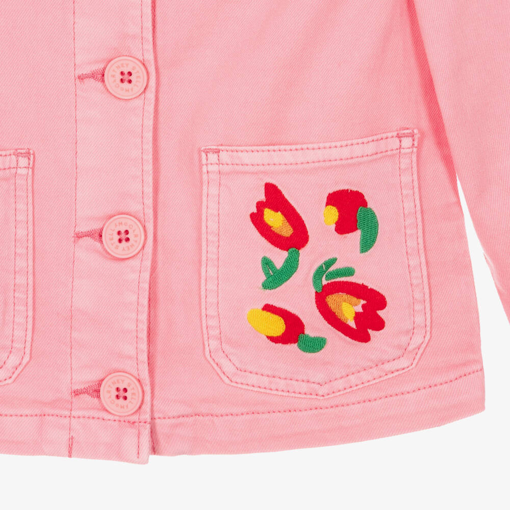 Stella McCartney Kids-Girls Pink Denim Jacket with Embroidered Pocket | Childrensalon
