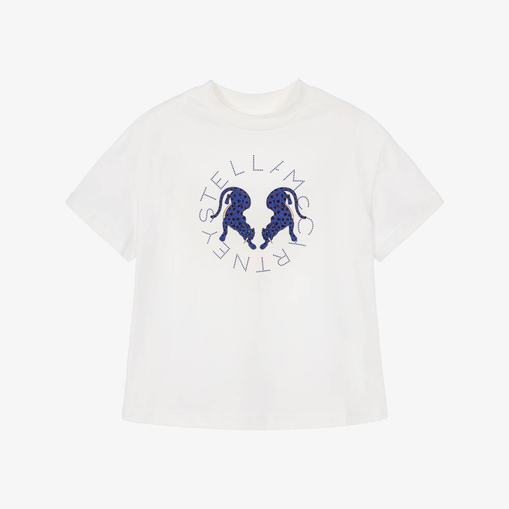 Stella McCartney Kids-White T-Shirt with Blue Panther Print | Childrensalon