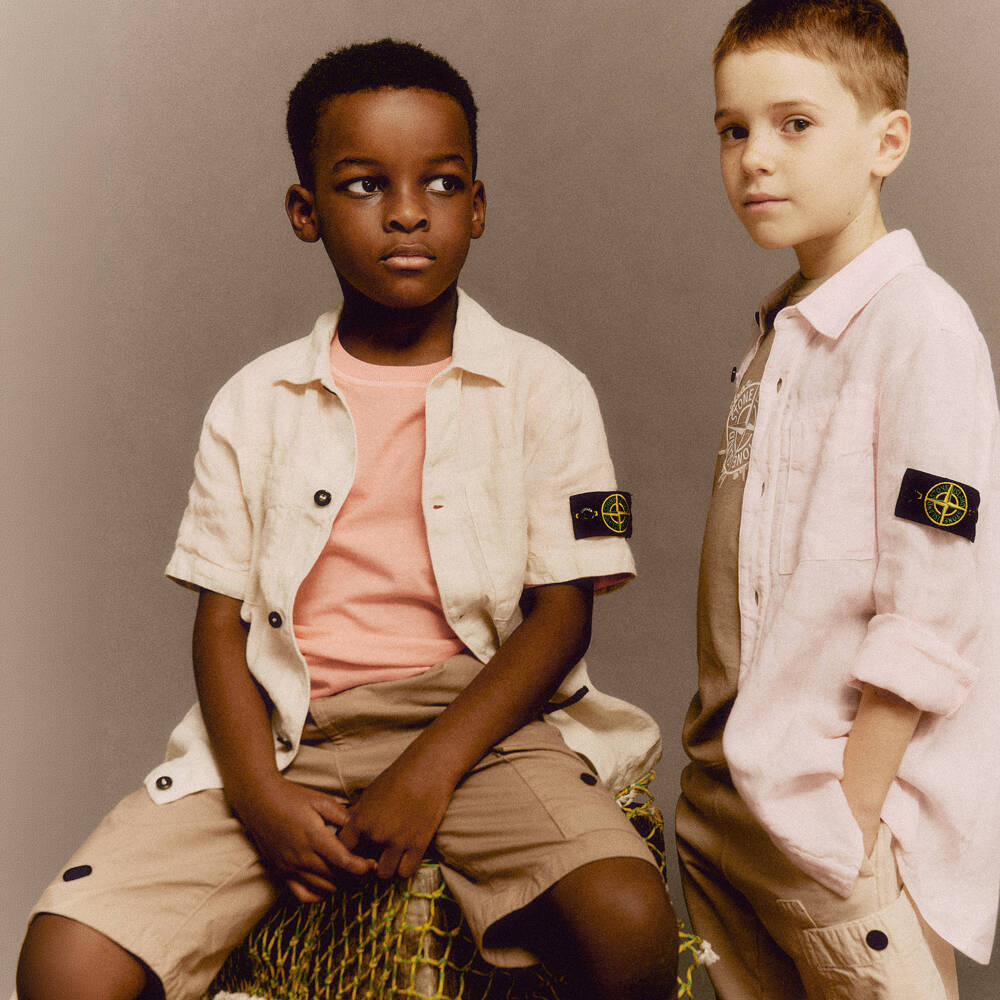 Stone Island Junior-Boys Beige Linen Short Sleeved Shirt with Logo Badge | Childrensalon