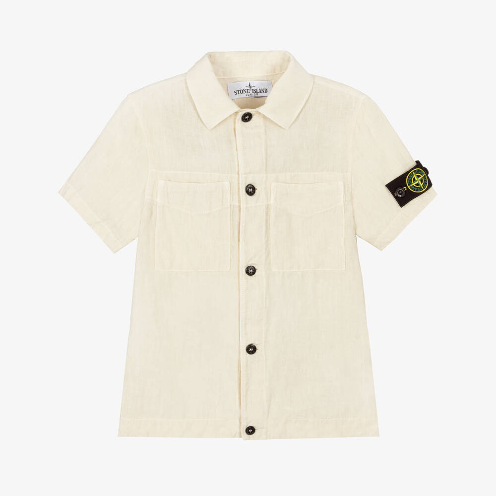 Stone Island Junior-Boys Beige Linen Short Sleeved Shirt with Logo Badge | Childrensalon