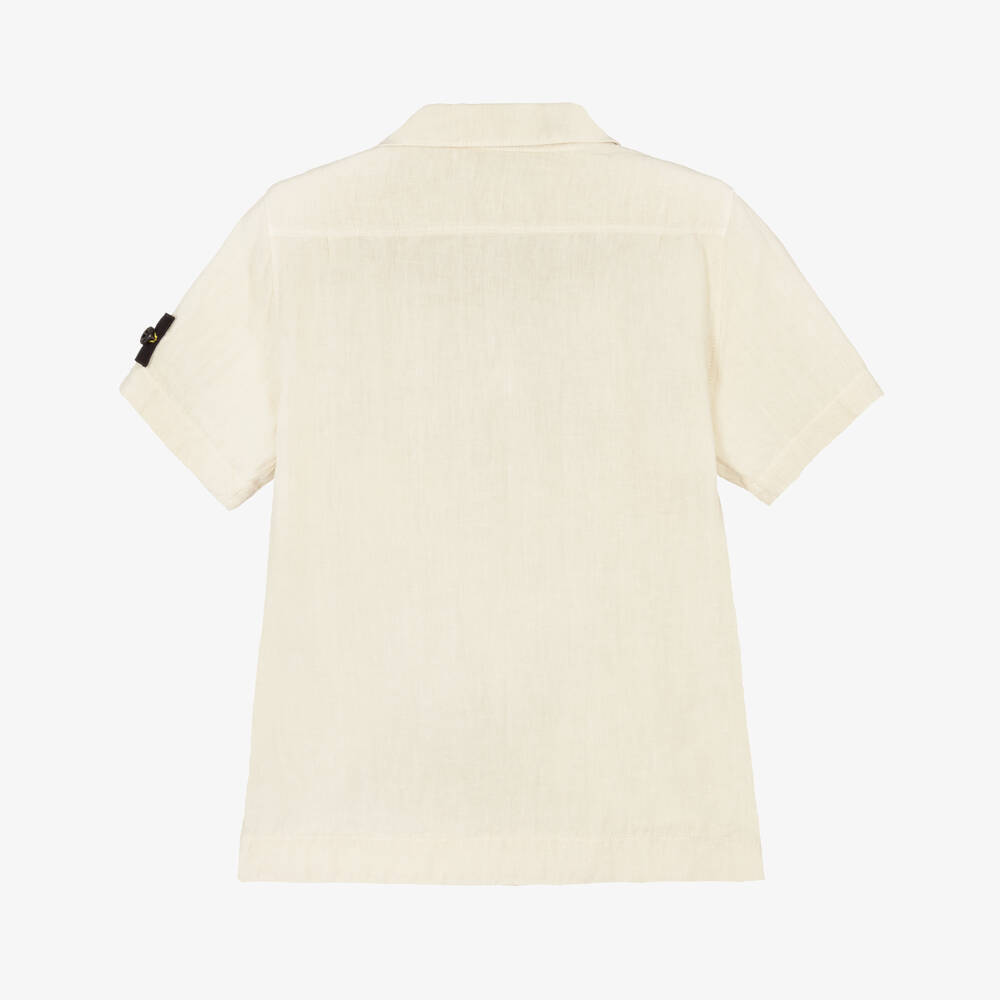 Stone Island Junior-Boys Beige Linen Short Sleeved Shirt with Logo Badge | Childrensalon