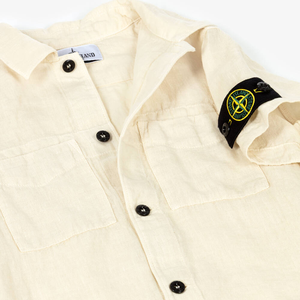 Stone Island Junior-Boys Beige Linen Short Sleeved Shirt with Logo Badge | Childrensalon