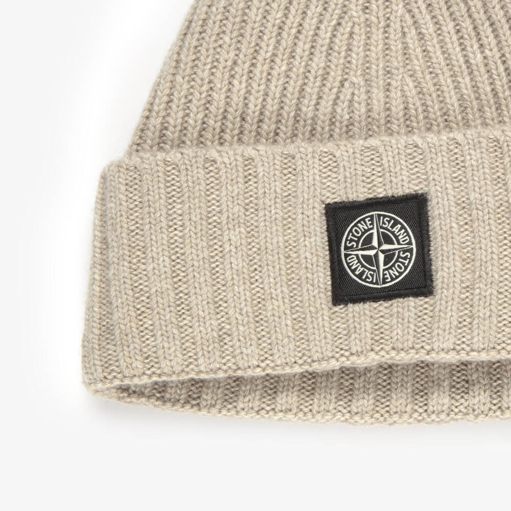 Stone Island Junior-Boys Beige Ribbed Knit Beanie Hat with Compass Patch | Childrensalon