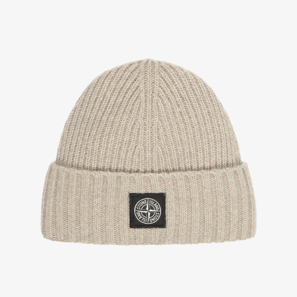 Stone Island Junior-Boys Beige Ribbed Knit Beanie Hat with Compass Patch | Childrensalon