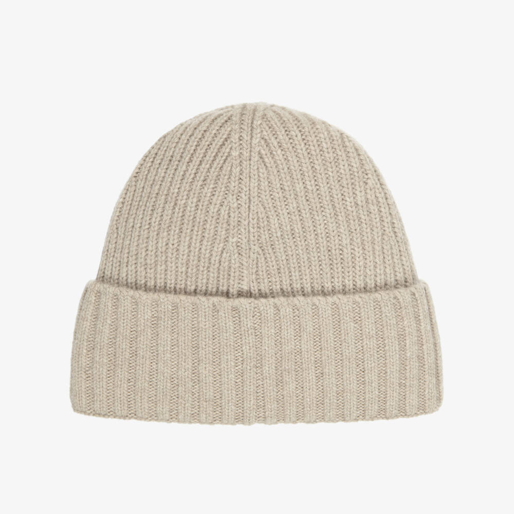 Stone Island Junior-Boys Beige Ribbed Knit Beanie Hat with Compass Patch | Childrensalon