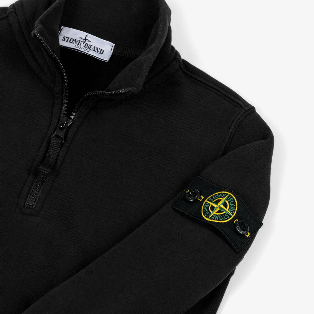 Stone Island Junior-سويتشيرت بربع سحاب قطن جيرسي لون أسود للأولاد | Childrensalon