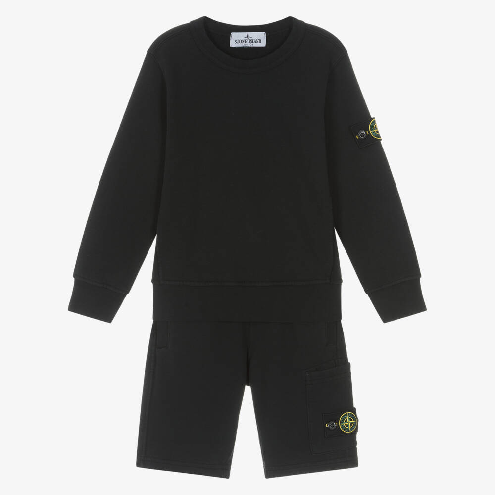 Stone Island Junior-Boys Black Cotton Shorts Set with Compass Logo | Childrensalon