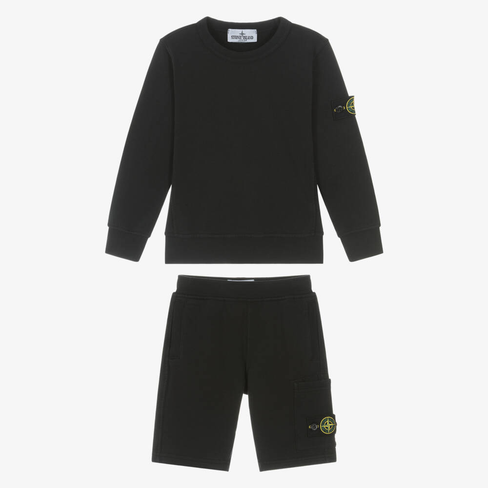 Stone Island Junior-طقم شورت قطن بشعار البوصلة لون أسود للأولاد | Childrensalon
