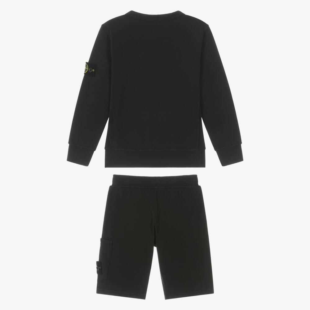 Stone Island Junior-طقم شورت قطن بشعار البوصلة لون أسود للأولاد | Childrensalon
