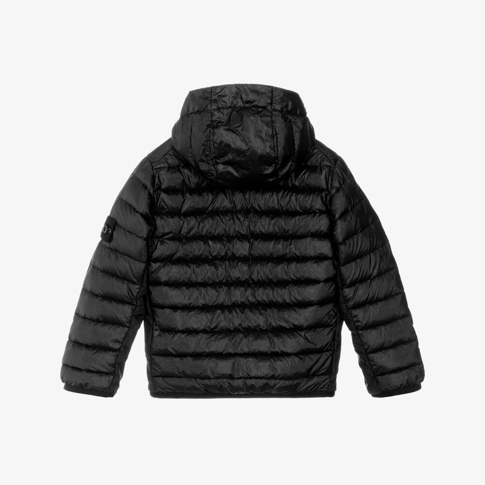 Stone Island Junior-Boys Black Down Padded Hooded Jacket with Logo Badge | Childrensalon