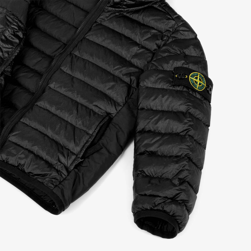 Stone Island Junior-Boys Black Down Padded Hooded Jacket with Logo Badge | Childrensalon