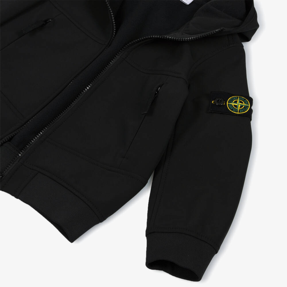 Stone Island Junior-Куртка чёрная скапюшоном и логотипом для мальчиков | Childrensalon