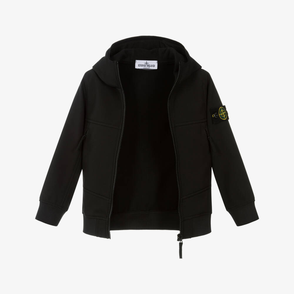 Stone Island Junior-Куртка чёрная скапюшоном и логотипом для мальчиков | Childrensalon