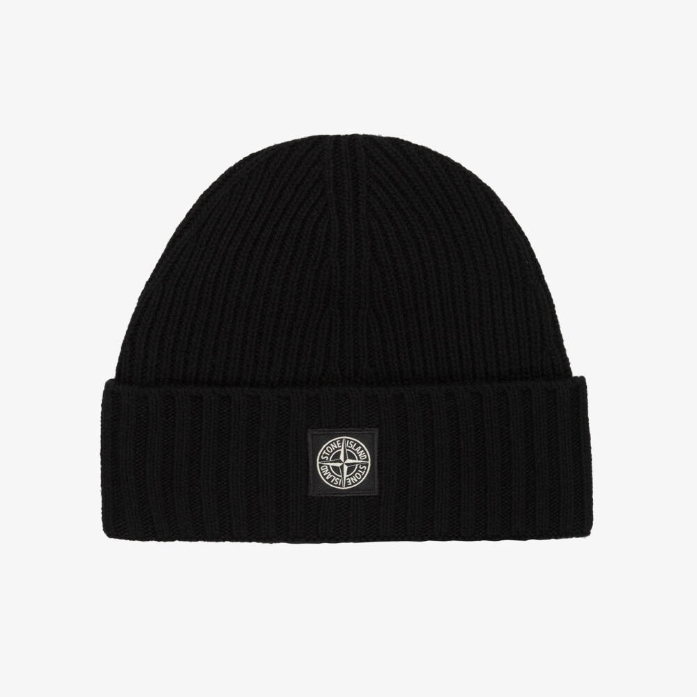 Stone Island Junior-Boys Black Knitted Wool Beanie Hat | Childrensalon